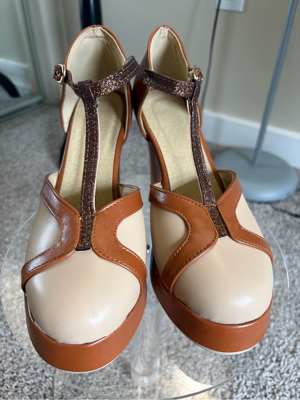 Platform T-Strap Heels in Cream and Tan with Glitter Accent